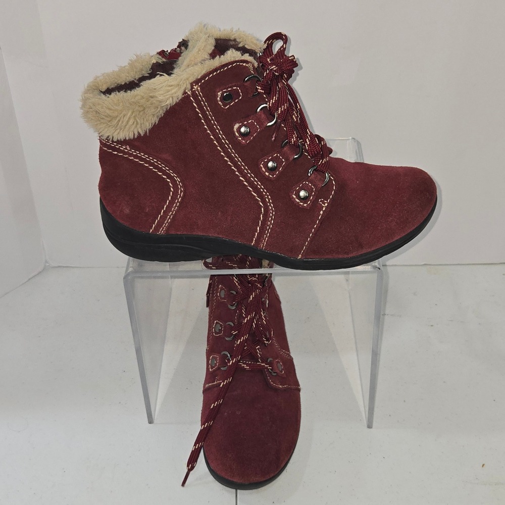 Earth Origins Crowley Burgundy Suede Faux Fur Trim Ankle Boots 9W 2016F